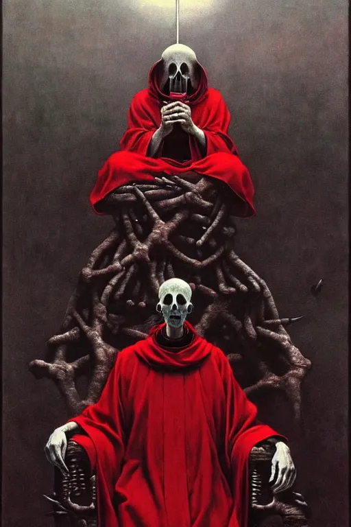 Image similar to a priest with no face, wearing red robes, sits on a throne of bones, gothic horror, surrealism Part Beksinski painting, part by Adrian Ghenie and Gerhard Richter, part by Takato Yamamoto. 8k masterpiece