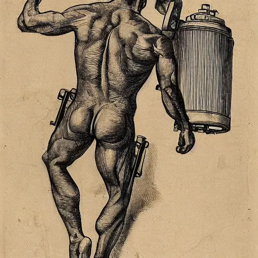 Image similar to a muscular bald man carrying engines on his back, technical diagram