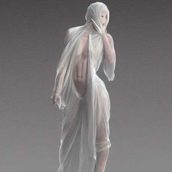 Image similar to woman in a translucent clothing made from plastic bag with paper bags for clothes standing inside paper bags with paper bag over the head, painted portrait, 4k, trending on artstation, octane render, art by artgerm and greg rutkowski and alphonse mucha and craig mullins and James Jean and Andrei Riabovitchev and Marc Simonetti and peter mohrbacher