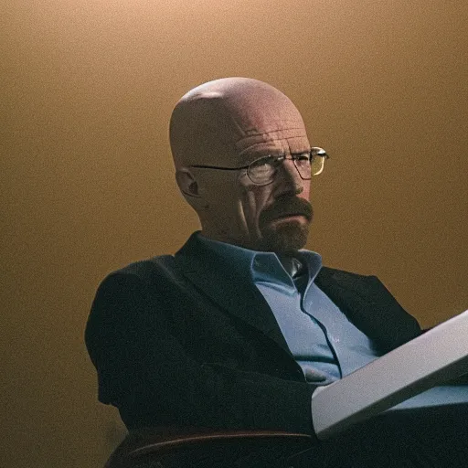 Prompt: walter white using a laptop, movie still, golden hour, dslr photography 3 5 mm