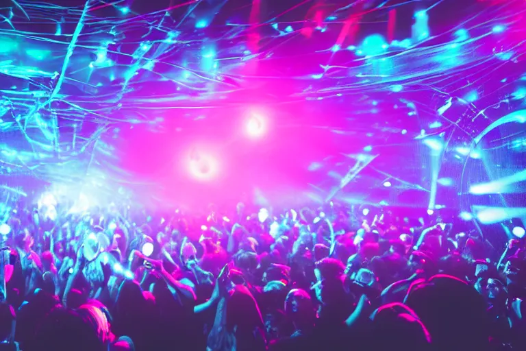 Image similar to beautiful digital art of a dj on stage spinning records with headphones looking over crowd dancing at a club by mobius, silhouette, volumetric lighting, haze, moving heads light beams, spot lights, disco ball, trending on artstation, 4k, unreal engine, intricate, ornate