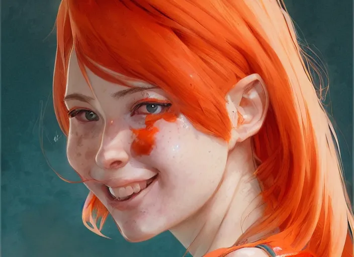 Image similar to portrait Anime beautiful smiling Girl with orange hair and freckles, green eyes fine face pretty face, realistic shaded Perfect face, fine details. Anime. by katsuhiro otomo magali villeneuve, artgerm, rutkowski Jeremy Lipkin and Giuseppe Dangelico Pino and Michael Garmash and Rob Rey