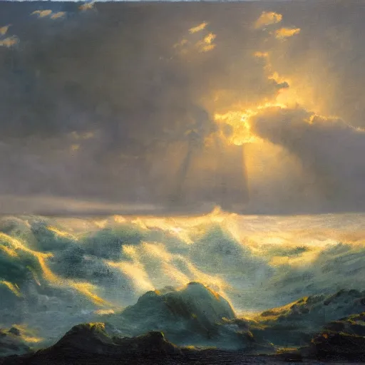 Prompt: the landscape of the sun peeking out from behind the clouds illuminates the vertical rocks on the right in the picture. pore almost calmed down, but still raging in waves, oil painting