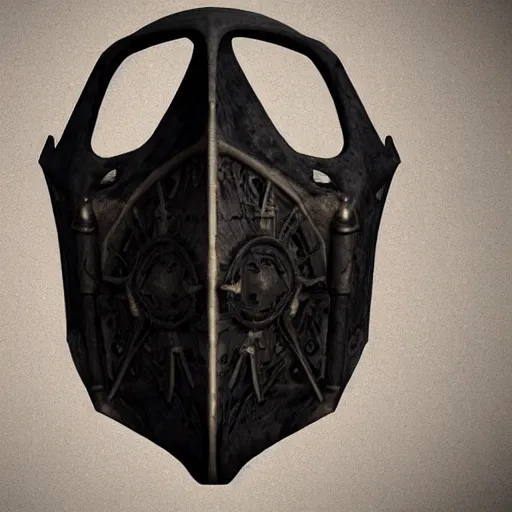 Image similar to extra wide view. an ominous dark ancient mask. barron. worn out photography. sepia. cracks. hyper - detailed. gothic steampunk. low poly medieval baroque. symmetric. epic. hyper - realistic. unreal render.