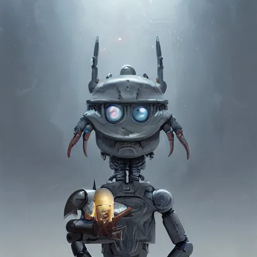 Image similar to a gray alien unicorn, a robotic crab with african decoration and a spongebob puppet, highly detailed, concept art, art by wlop and artgerm and greg rutkowski, masterpiece, trending on artstation, 8 k