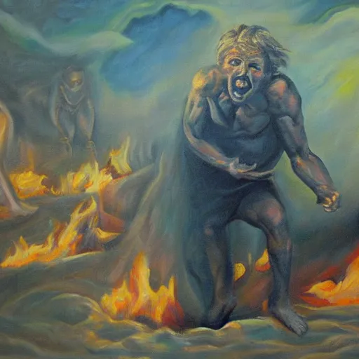 Prompt: Man arising from hell. Oil painting.