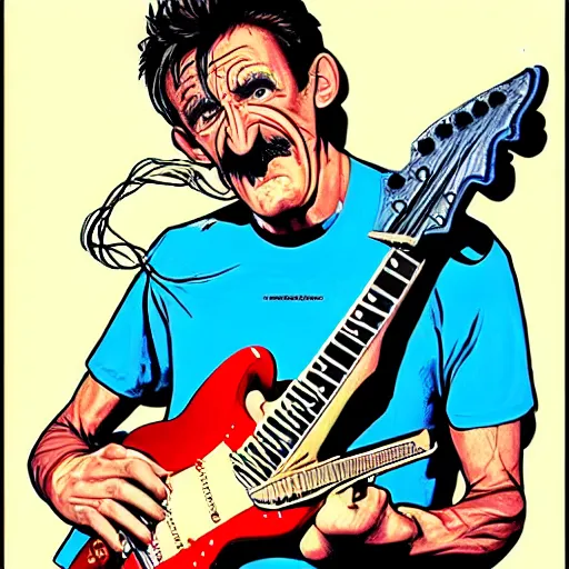 Prompt: Barry Chuckle Shredding on an electric guitar in the style of Jean Giraud