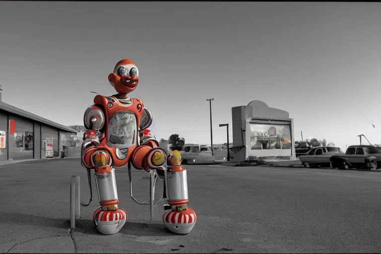 Prompt: robot clown relaxing at a california drive in, in 1 9 9 2, cutecore clowncore, bathed in the the glow of the sunset, low - light photograph, in style of tyler mitchell