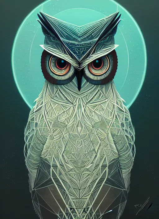 Image similar to portrait of a geometric owl, identical eyes, medium shot, illustration, full body made of white feathers, symmetrical, art stand, super detailed, cinematic lighting, and its detailed and intricate, gorgeous, by peter mohrbacher