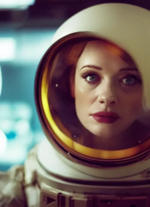 Prompt: photograph portrait of a very pretty!!! christina hendricks in interstellar, symmetric face, petzval lens. out of focus, in an astronaut costume. futuristic helmet with neck protection, space station. by alesio albi and george lucas and stanley kubrick