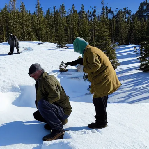 Image similar to a research team finding ancient human remains under snow, some parts of the remains are covered in ice, in the background is frosted green hills with a pine forest.