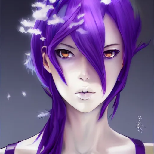 Image similar to beautiful anime woman with purple hair, a ( ( ( ( ( ( ( ( horn on her forehead ) ) ) ) ) ) ) ) ( ( ( purple eyes ) ) ), a purple tuxedo, sharp focus, intricate, cell shaded, award winning photography, cinematic, digital painting, cinematic, wlop, 8 k, by ross tran, tom bagshaw