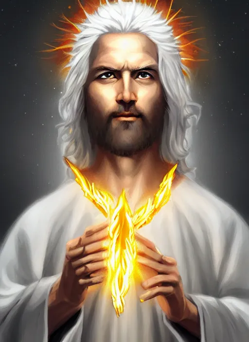Image similar to « portrait of the white - haired jesus in a white robe and flaming yellow eyes, holding seven stars in right hand, high - contrast, intricate, elegant, highly detailed, bible illustration, digital painting, artstation, concept art, smooth, sharp focus, illustration »