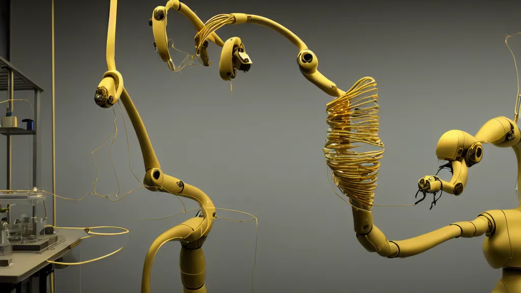 Image similar to a complex bifurcated robotic cnc surgical arm hybrid 3 d printer machine making organic ceramic kintsugi mandlebulb forms in the laboratory room, very thin gold wire, film still from the movie directed by denis villeneuve with art direction by salvador dali, wide lens, f 3 2, cinematic lighting, studio quality, smooth render, unreal engine 5 rendered, octane rendered