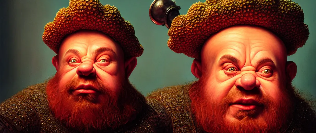 Image similar to hyperrealist highly detailed english medieval portrait of high fashion dwarf dwarfism, lopsided obscure body shape, radiating atomic neon corals, concept art pascal blanche dramatic studio lighting 8k wide angle shallow depth of field