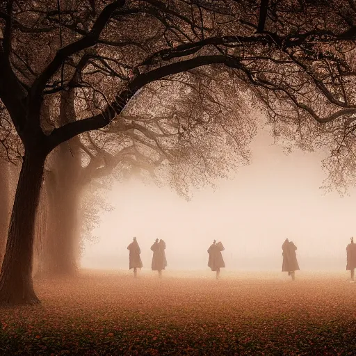 Image similar to an impressively euphoric 1 8 0 0 s romanticism - inspired photograph depicting bedlam underneath a foggy tree line at dawn inspired by liberty leading the people