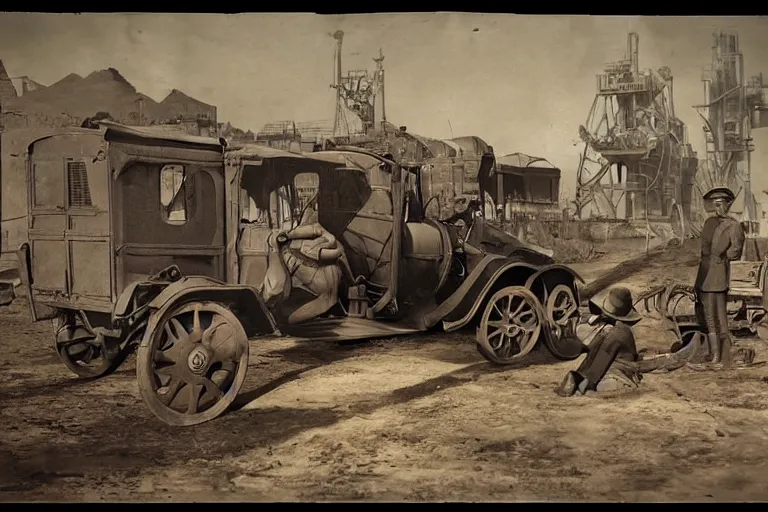 Image similar to repairing a vehicle on a machine world, year 1 9 1 4, photorealistic