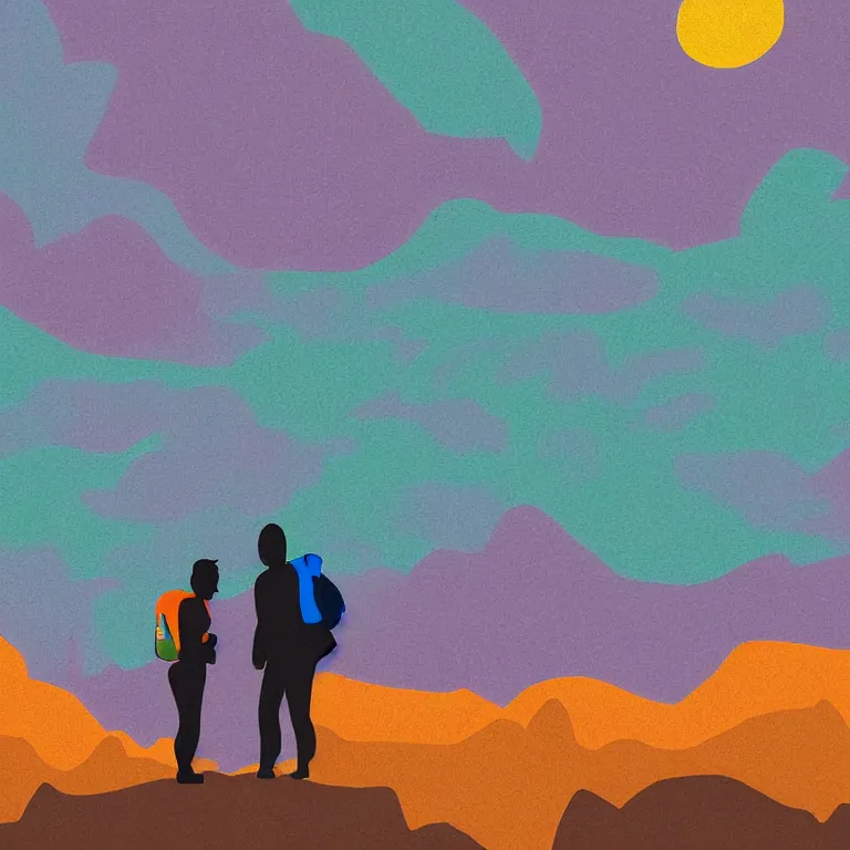 Prompt: pixel art of a dramatically lit night time scene of two colorful hikers wearing headphones and backpacks dancing quietly on a low rocky outcrop overlooking a wavy sea