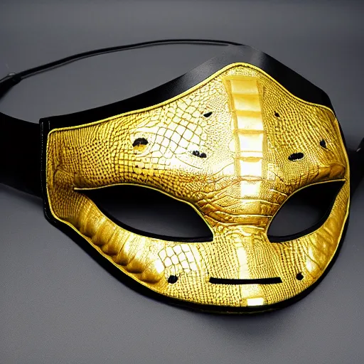 Prompt: luxury crocodile leather batman mask with golden seams, luxury item showcase, studio lighting