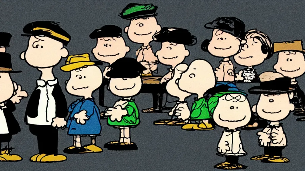 Image similar to the peanuts dressed like the peaky blinders