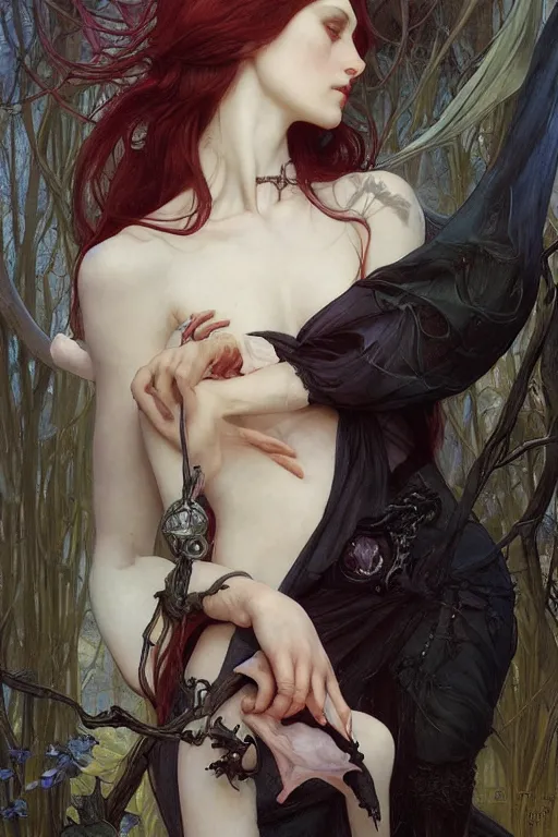 Image similar to masterpiece painting of beautiful vampire girl by donato giancola, h. r. giger and tom bagshaw, face by artgerm and edmund leighton, background by james jean and alphonse mucha, 8 k, gothic horror, majestic, volumetric lighting, porcelain skin, art deco, trending on pixiv