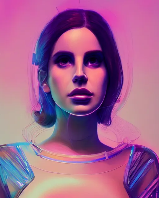 Image similar to portrait of lana del rey as a cyborg. intricate abstract. intricate artwork blue and pink lighting, by tooth wu, wlop, beeple, dan mumford. concept art, octane render, trending on artstation, greg rutkowski very coherent symmetrical artwork. cinematic, key art, hyper realism, high detail, octane render, 8 k, iridescent accents