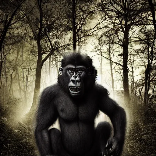 Image similar to demonic gorilla in magical forest, dark atmosphere, high detail, soft lighting