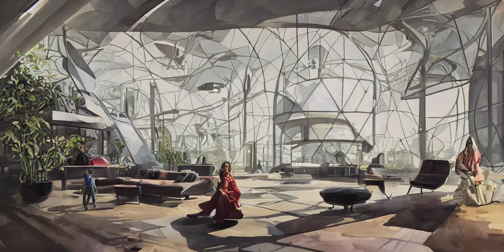 Image similar to a beautiful illustration of futuristic interior hall, lots of furniture, sofa, waiting room, big medium small, sacred geometry, golden ratio, in watercolor gouache detailed paintings, in style of syd mead, trending on artstation,8k, panel, hard surface, vent, zaha hadid, props, plant, cozy,decoration around the room, simon stalenhag, deus ex