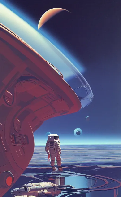 Image similar to syd mead artwork of a futuristic astronaut abandoned on a red ocean planet, lonely future cosmonaut abandoned on world of red water, detailed 4k stylized sci-fi artwork