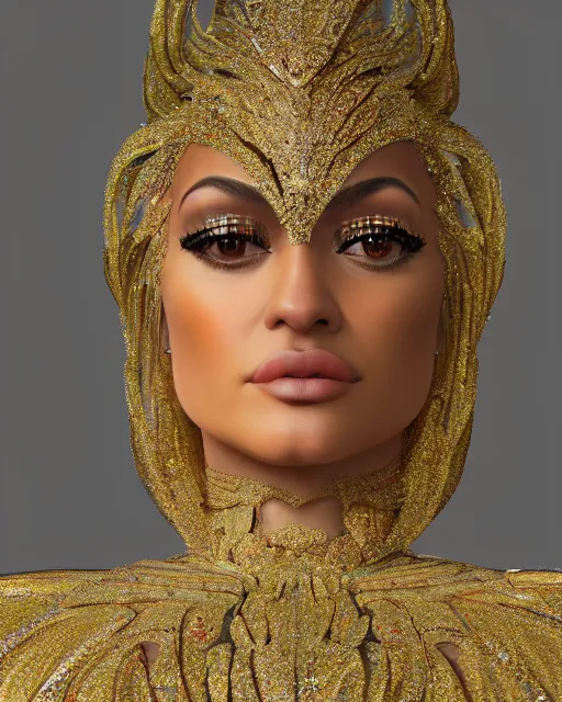 Image similar to a highly detailed metahuman 8 k close up render of kylie jenner renaissance in iris van herpen dress schiaparelli in diamonds crystals swarovski and jewelry iridescent in style of alphonse mucha gustav klimt trending on artstation made in unreal engine 4