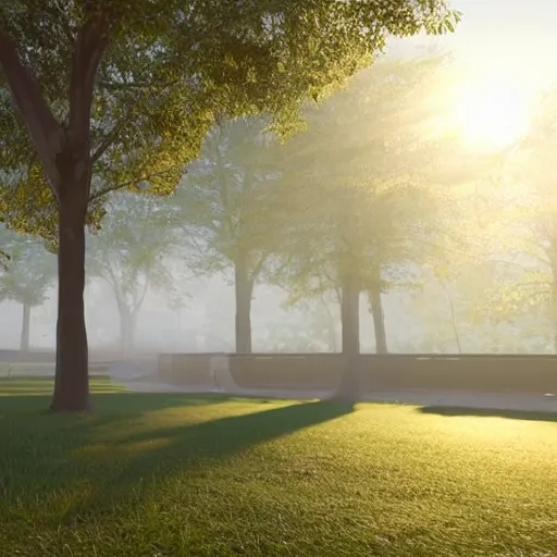 Image similar to still shot of a park covered in morning fog, highly detailed, photorealistic portrait, bright studio setting, studio lighting, crisp quality and light reflections, unreal engine 5 quality render
