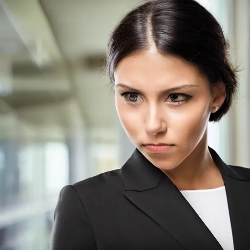 Image similar to amazonian woman in business attire, closeup, stoic, realistic, high resolution, in office building