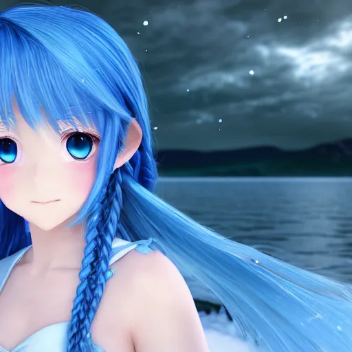 Prompt: render as a very beautiful 3d anime girl, long braided hair, azure blue eyes, full round face, short smile, white dress, ice snowy lake setting, cinematic lightning, medium shot, mid-shot, highly detailed, trending on Artstation, Unreal Engine 4k, cinematic wallpaper