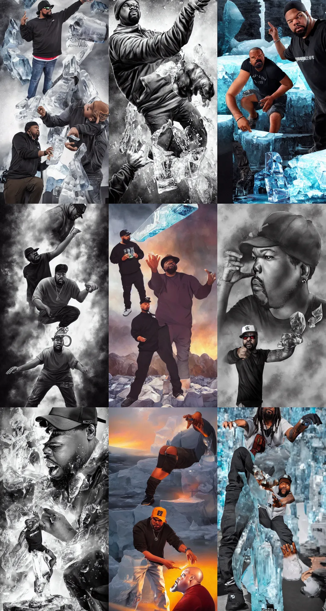 Prompt: dramatic photo, great thunberg pointing at full body ice sculpture of rapper'ice cube'melting due to global warming, wide angle photo, award winning, artgerm, wlop, trending on artstation