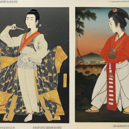 Image similar to jendral sudirman, utamaro kitagawa and raden saleh style