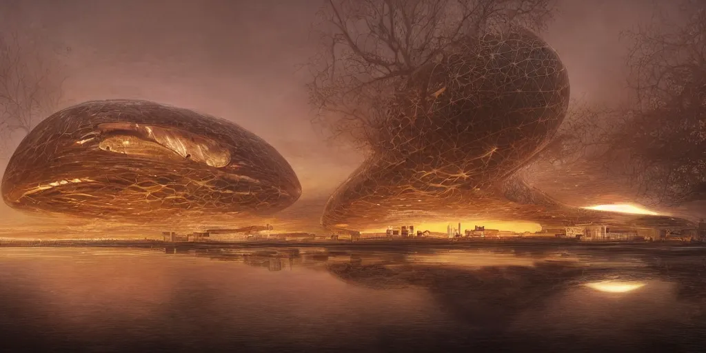 Image similar to An epic architectural rendering of a blob shaped trypophobia house with a mysterious red glow emitting from inside in a modern cityscape next to a river, by Zaha Hadid and Martin Johnson Heade and Greg Rutkowski, stunning, gorgeous, golden ratio, photorealistic, featured on artstation, 4k resolution