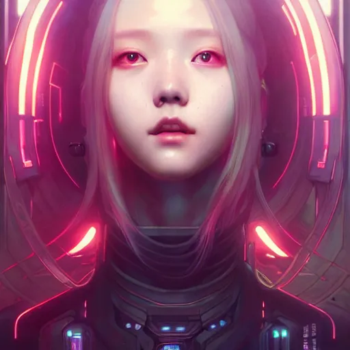 Image similar to painting of cyberpunk chuu loona kpop smiling cheerfully, ultra realistic, concept art, intricate details, eerie, highly detailed, photorealistic, octane render, 8 k, unreal engine. art by artgerm and greg rutkowski and magali villeneuve and alphonse mucha