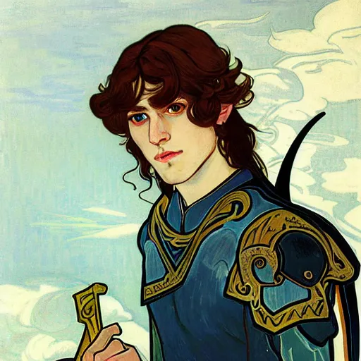 Image similar to portrait painting of young handsome beautiful paladin elf!! man with long! wavy dark hair and blue eyes in his 2 0 s named taehyung minjun james, pale, wearing armor!, gorgeous hair, elf ears, icy eyes, elegant, cute, delicate, soft facial features, art by alphonse mucha, vincent van gogh, egon schiele,