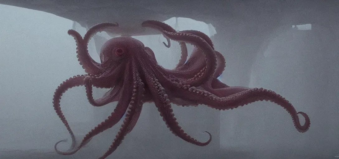 Image similar to an octopus trapped in a bottle, foggy, cinematic shot, photo still from movie by denis villeneuve, wayne barlowe