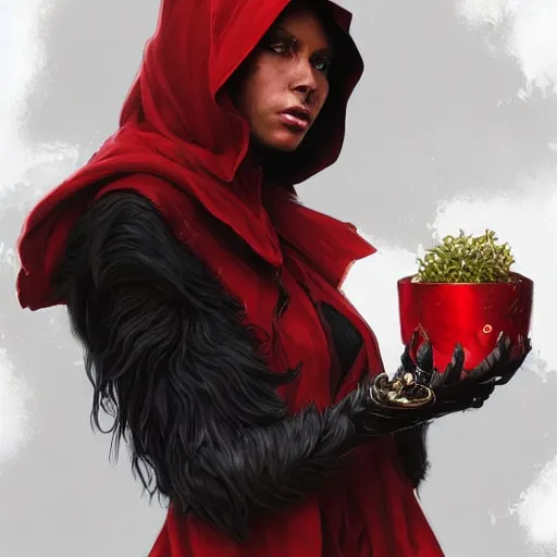 Prompt: Portrait of Little Red Riding Hood with a black panther, intricate, wild, highly detailed, digital painting, artstation, concept art, smooth, sharp focus, illustration, art by artgerm and greg rutkowski and alphonse mucha, footage from space camera