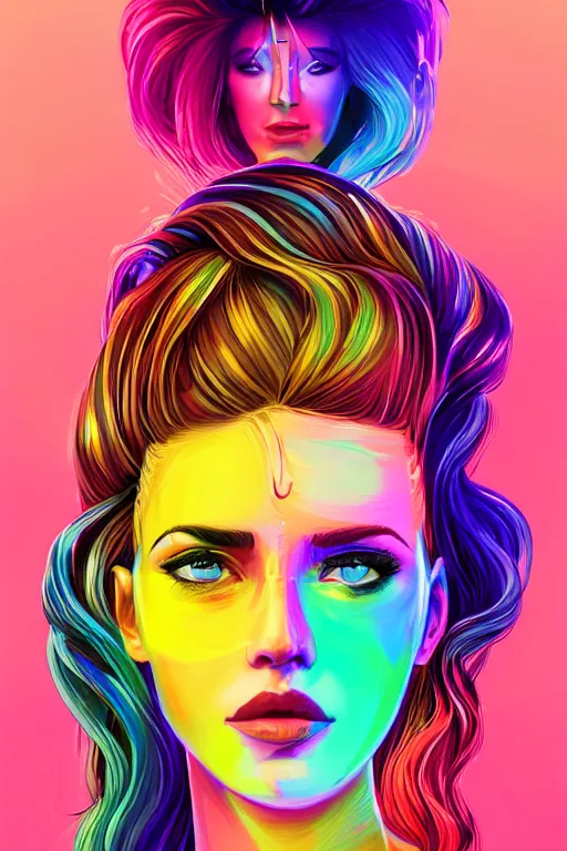 Image similar to a award winning portrait of a beautiful woman with stunning eyes in a one off shoulder croptop and cargo pants with rainbow colored hair, outlined by whirling illuminated neon lines and fine lines swirling in circles by rhads, digital art, trending on artstation