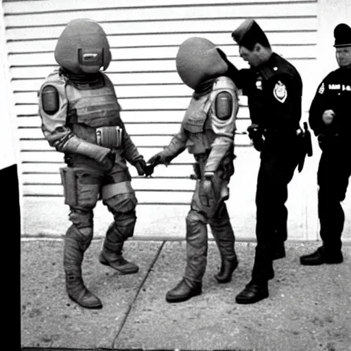 Image similar to extraterrestrial zeta reticulan grey alien, being arrested by spetsnaz