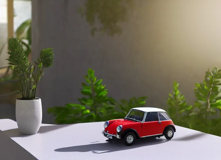 Image similar to a small miniature of a Mini Cooper S 1963 on a white table near a vase with a plant, 3d render, octane render, unreal engine 5, path tracing, serene landscape, calm, relaxing, beautiful landscape, highly detailed, high quality, 4k, symmetrical, low contrast