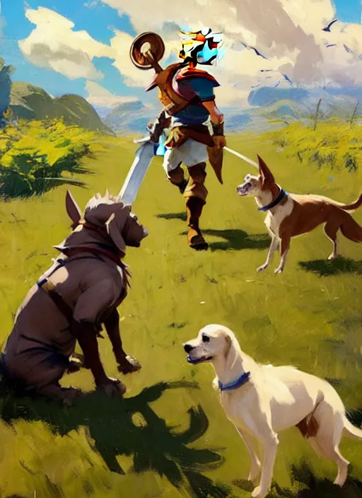 Prompt: Greg Manchess painting of Link from Legend of Zelda in casual wear out with the dogs, countryside, fantasy character portrait, dynamic pose, above view, sunny day, thunder clouds in the sky, artwork by Jeremy Lipkin and Giuseppe Dangelico Pino and Michael Garmash and Rob Rey, very coherent asymmetrical artwork, sharp edges, perfect face, simple form, wacky, 100mm