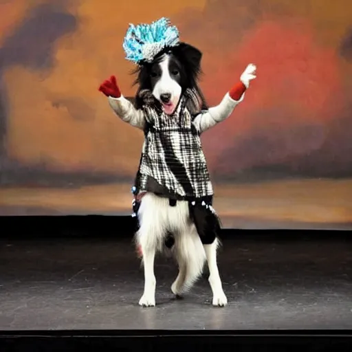 Prompt: a border collie dressed as a woman doing a fashion show in a theater, the audience consists of dogs, acrylic painting p