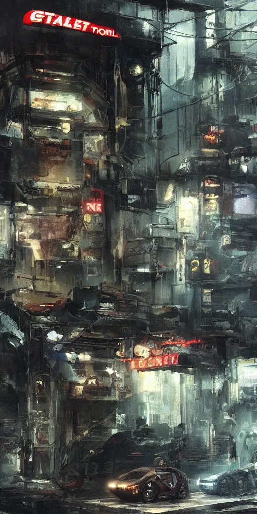 Prompt: the entrance of general store seven - eleven located in the middle of a sci - fi city, street view, sci - fi cars, painted by ashley wood and phil hale, blade runner, masterpiece, award - winning, sharp focus, intricate concept art, ambient lighting, 8 k, artstation, pixiv