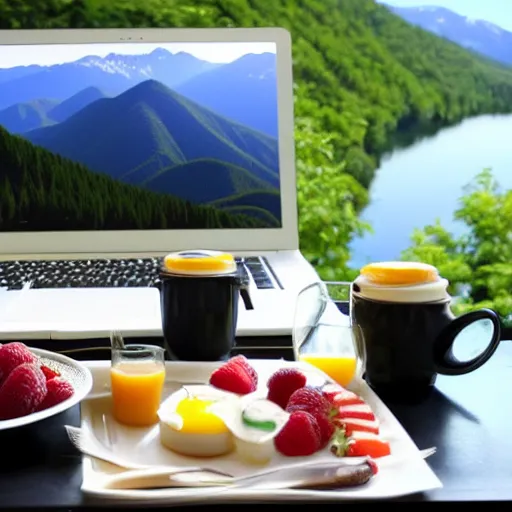 Image similar to beautiful breakfast with mountain view and laptop