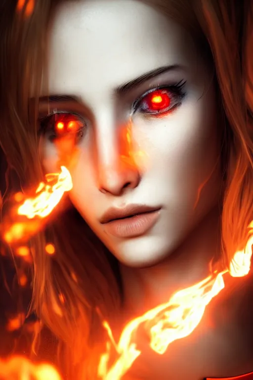 Prompt: young blonde woman playing with flames coming out of her eyes, cyberpunk, realistic, high definition, many details, dramatic scene, symmetrical face, realistic eyes, unreal engine art 5