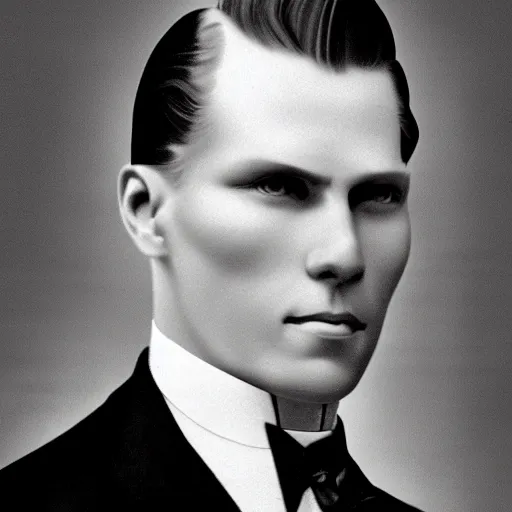 Image similar to A photograph portrait of Jerma985 with slicked back hair in the early 1900s, taken in the early 1900s, grainy, taken on a early 1900s Kodak Camera, realistic, hyperrealistic, very realistic, highly detailed, very detailed, extremely detailed, detailed, digital art, trending on artstation