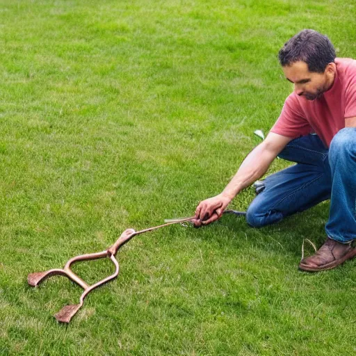 Image similar to A man cutting a partially underground copper cable on his lawn with giant scissors